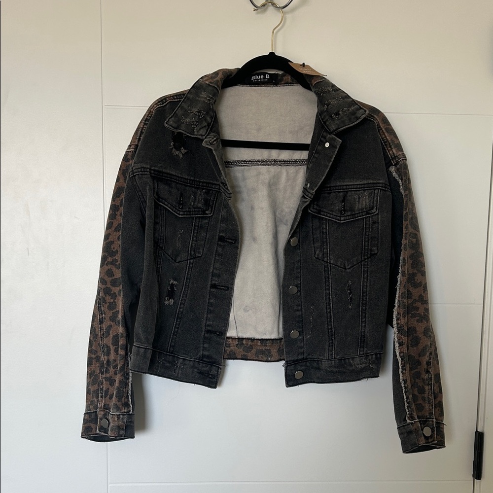 NWT Leopard & Gray Distressed Denim Jacket